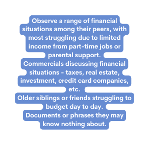 Observe a range of financial situations among their peers with most struggling due to limited income from part time jobs or parental support Commercials discussing financial situations taxes real estate investment credit card companies etc Older siblings or friends struggling to budget day to day Documents or phrases they may know nothing about